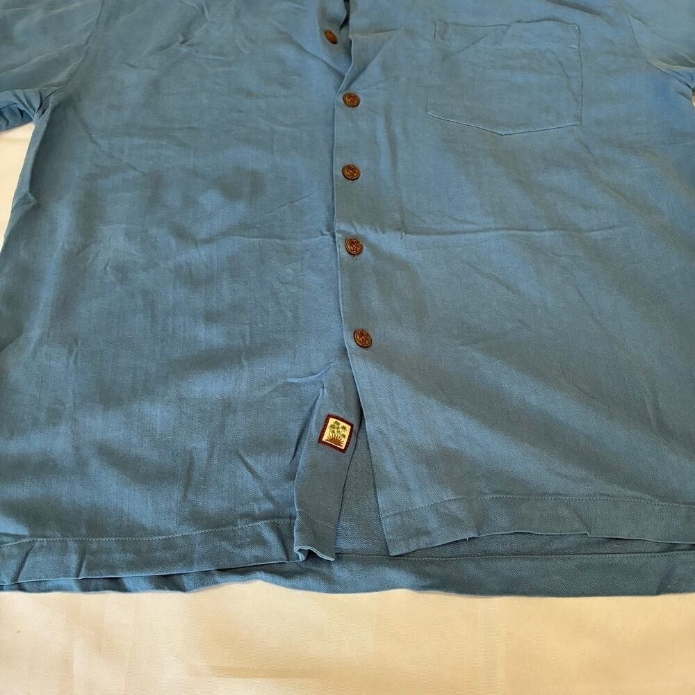 Seven Palm Button Shirt Men's Cobalt Blue 100% Silk Large Wood Button Casual - Picture 3 of 10